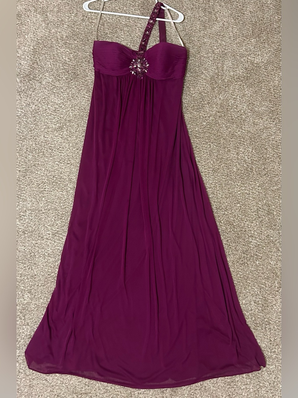 Xscape One-Shoulder Fuchsia Gown with Beautiful Crystal Detail
